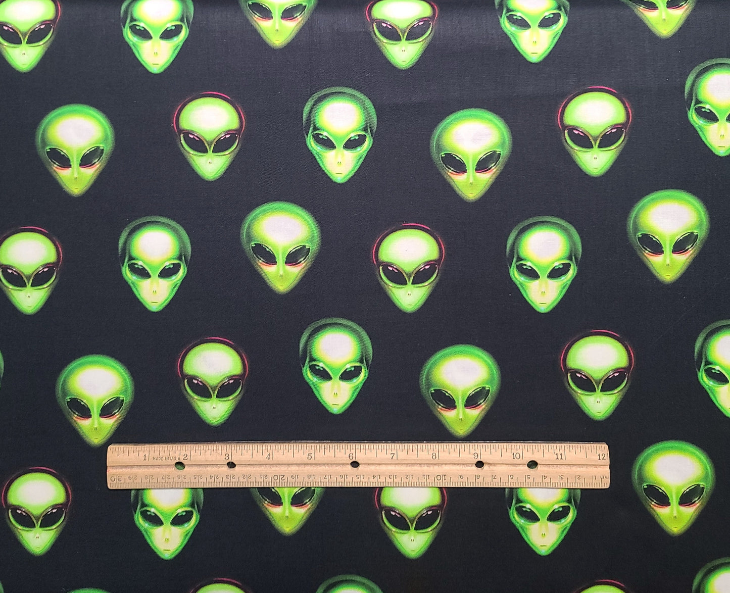 EOB - Area 51 MGL for Robert Kaufman - Black Fabric / Bright Green, White, Red Alien Face Print