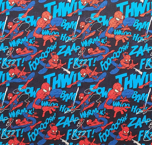 EOB - Style #13080302 Marvel Licensed to Marvel Camelot Fabrics - Black Fabric / Bright Blue, Red Spiderman Print