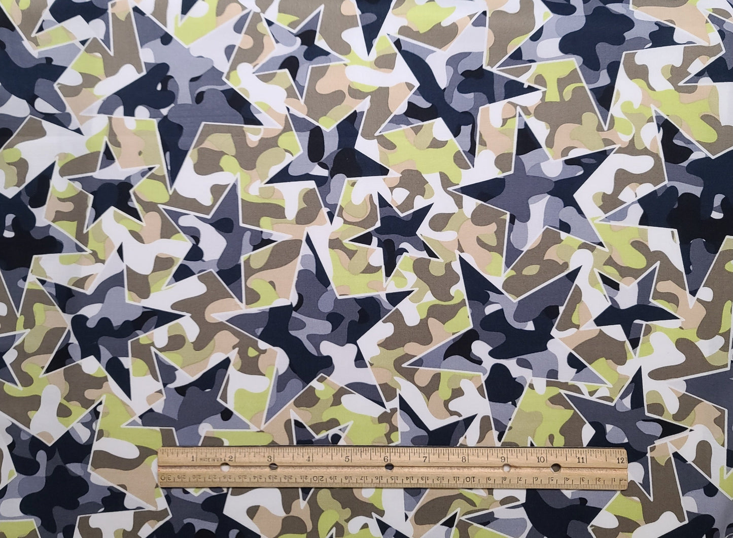 EOB - Camo Mix Greta Lynn for Kanvas Benartex Pattern #4STAR CAMO-C4820 - White, Black, Tan, Lime Green Camo Print Fabric