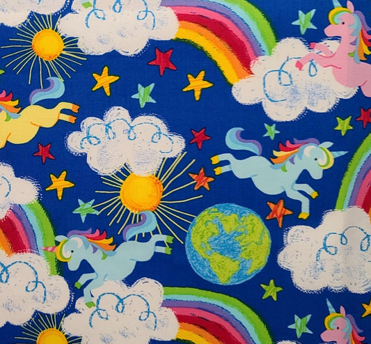 EOB - Timeless Treasures Fabrics of SoHo Patt#GAIL-C6338 - Blue Fabric / Bright Rainbow, Cloud, Unicorn Print