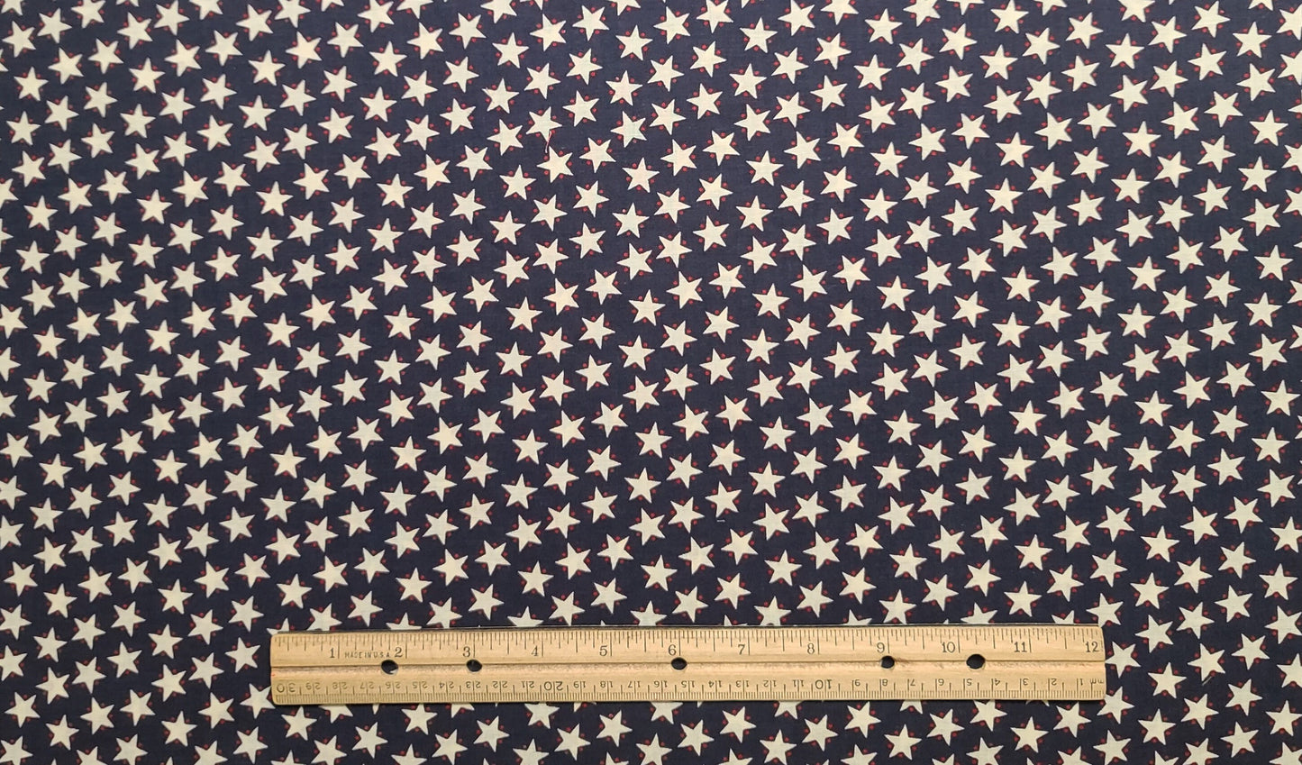 EOB - Dark Blue Fabric / White Star with Red Dot Accent Print - Selvage to Selvage Print