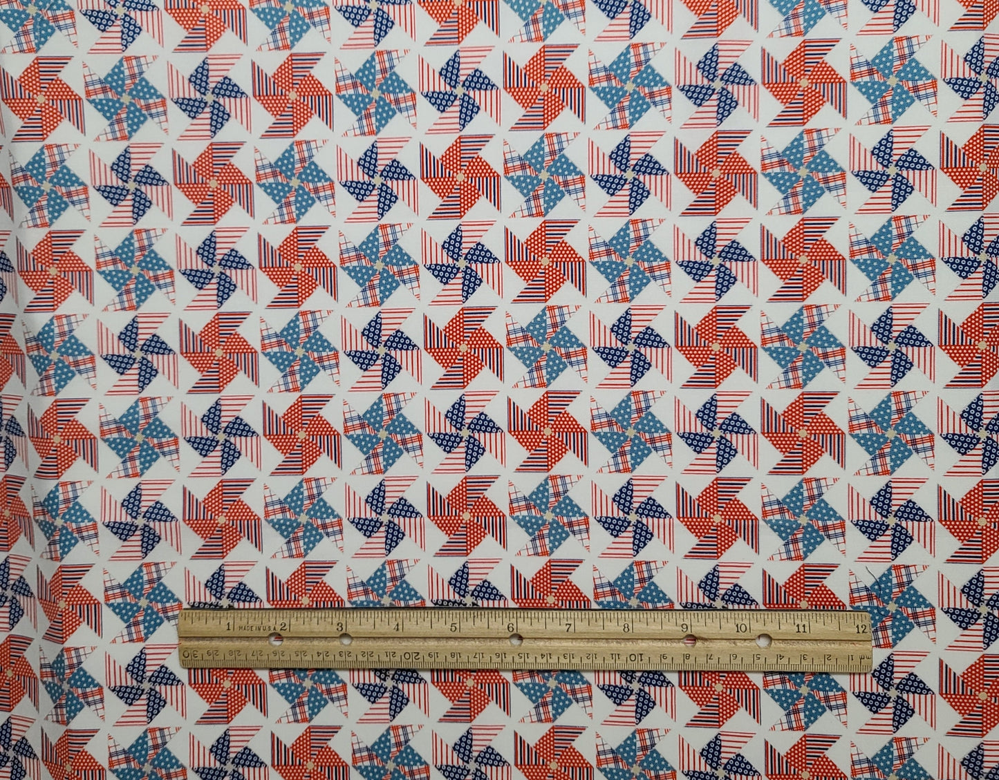 EOB - Riley Blake Designs 2012 - White Fabric / Red, White, Blue Patchwork Pinwheel Print