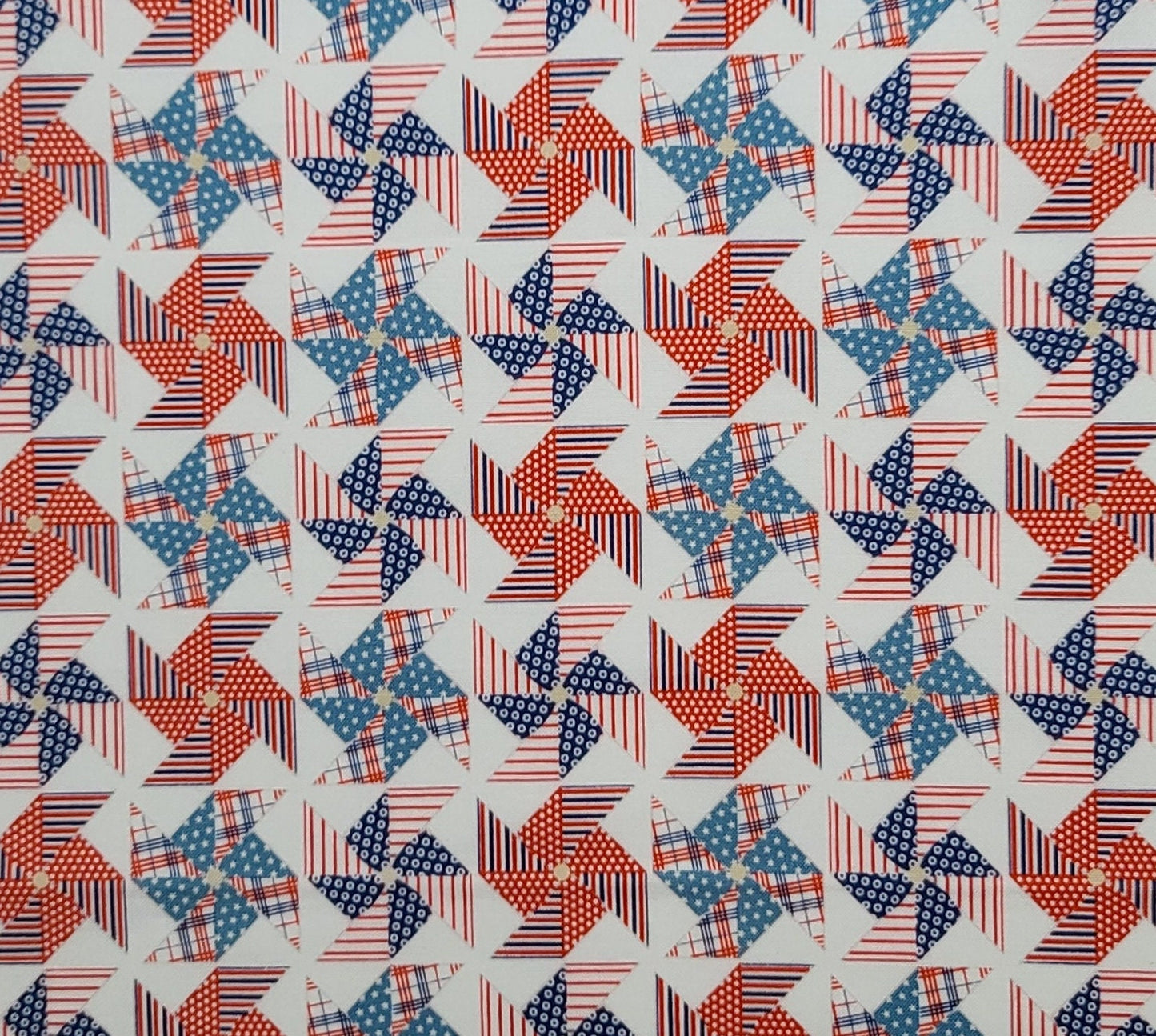 EOB - Riley Blake Designs 2012 - White Fabric / Red, White, Blue Patchwork Pinwheel Print