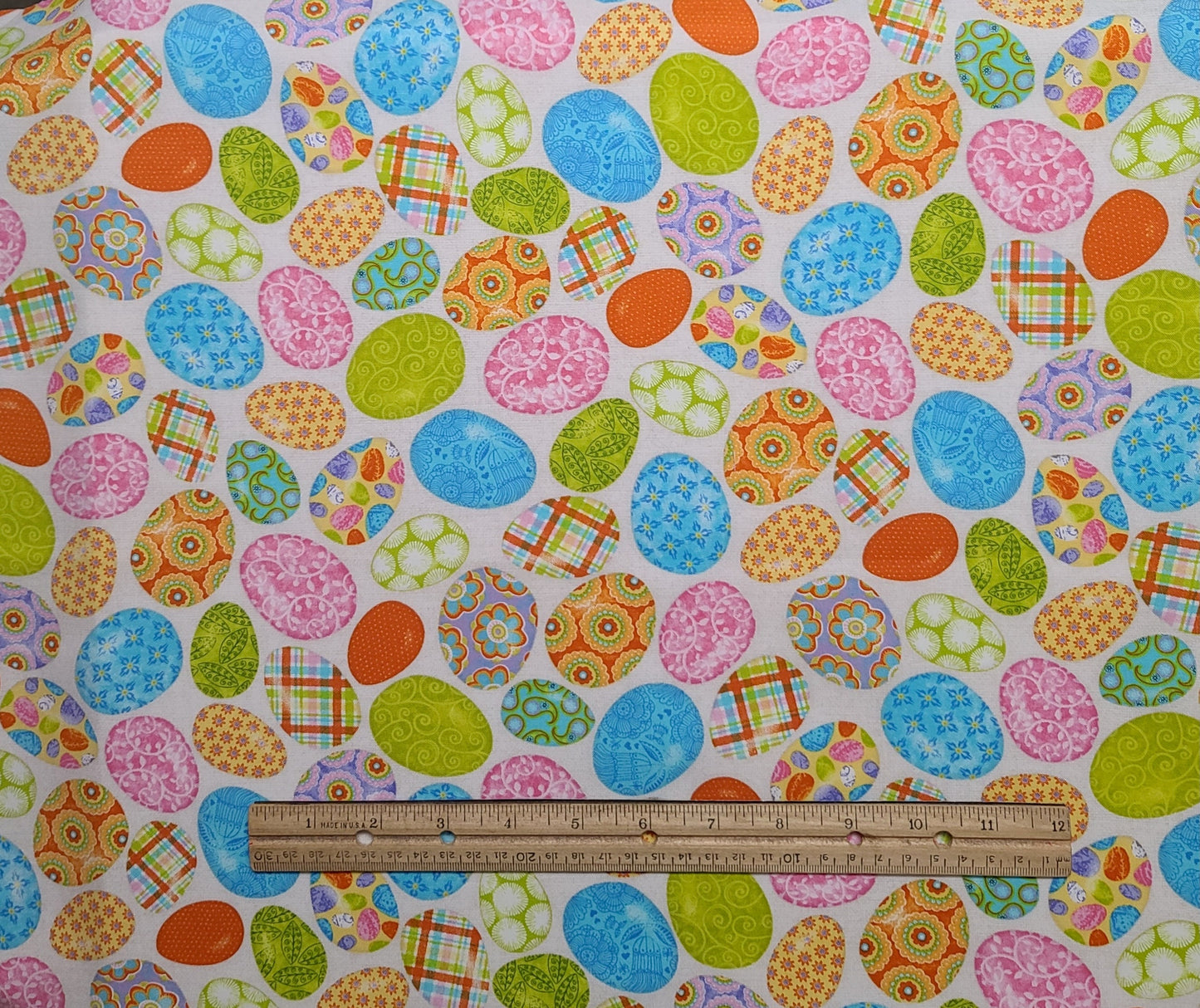 Studio E Fabrics Patt#4463 - White Fabric / Bright Pastel Easter Egg Print / Orange, Green, Blue, Lime Green, Yellow, Pink