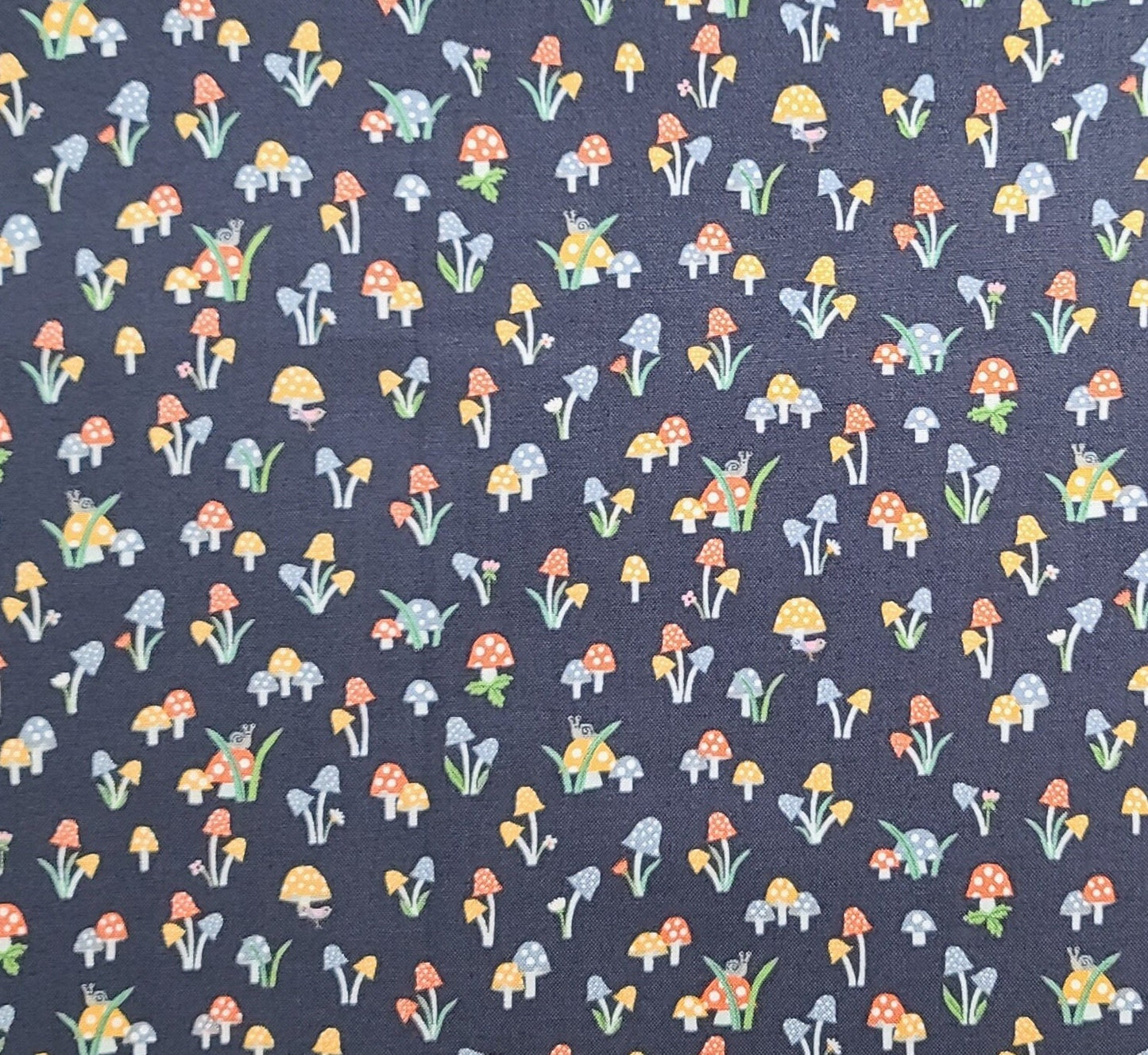 Dear Stella Patt#STELLA-1256 - Dark Blue Fabric / Light Blue, Gold, Red, Green Mushroom Print