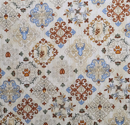 Dan Morris Design 2015 for Quilting Treasures - Gold Tonal Fabric / Pale Blue, Rust, Gold Medallion, Acorn, Bear Paw Print