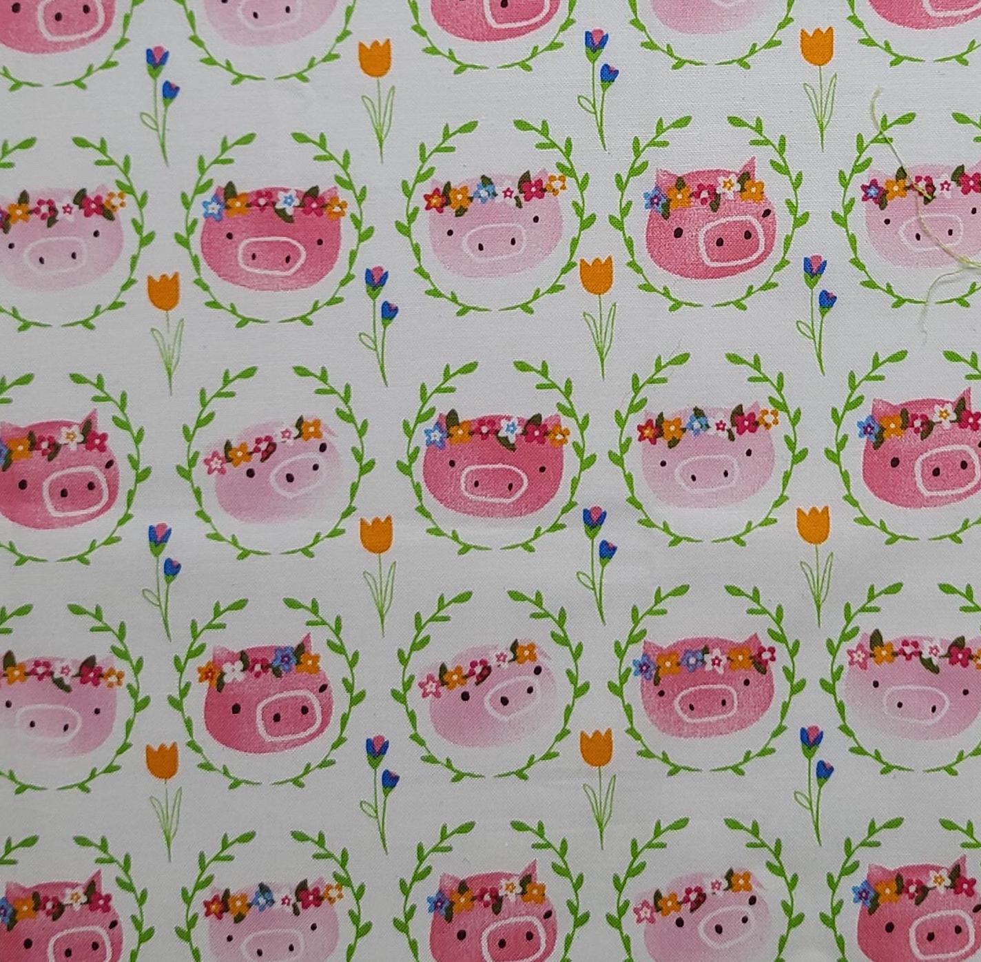 EOB - Wyndham Fabrics Presents Julia by Whistler Studios Pattern #51126 - White Fabric / Pink Tonal Pig Face with Flower Crown Print