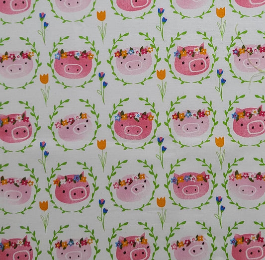 EOB - Wyndham Fabrics Presents Julia by Whistler Studios Pattern #51126 - White Fabric / Pink Tonal Pig Face with Flower Crown Print