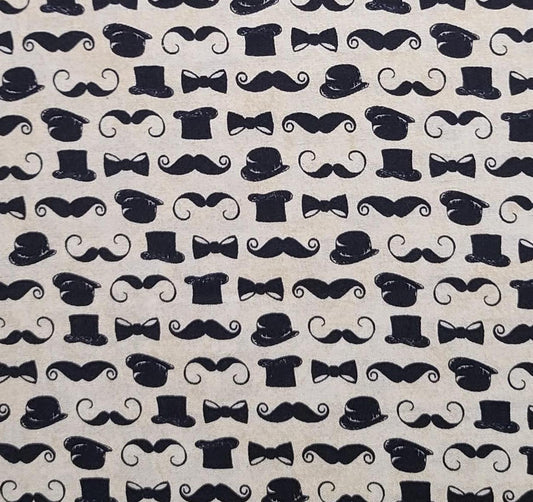 EOB - Andover Created by Echo Park Paper Co 2014 Patt 7761 - Cream Tonal Fabric / Black Moustache, Top Hat, Bow Tie Print