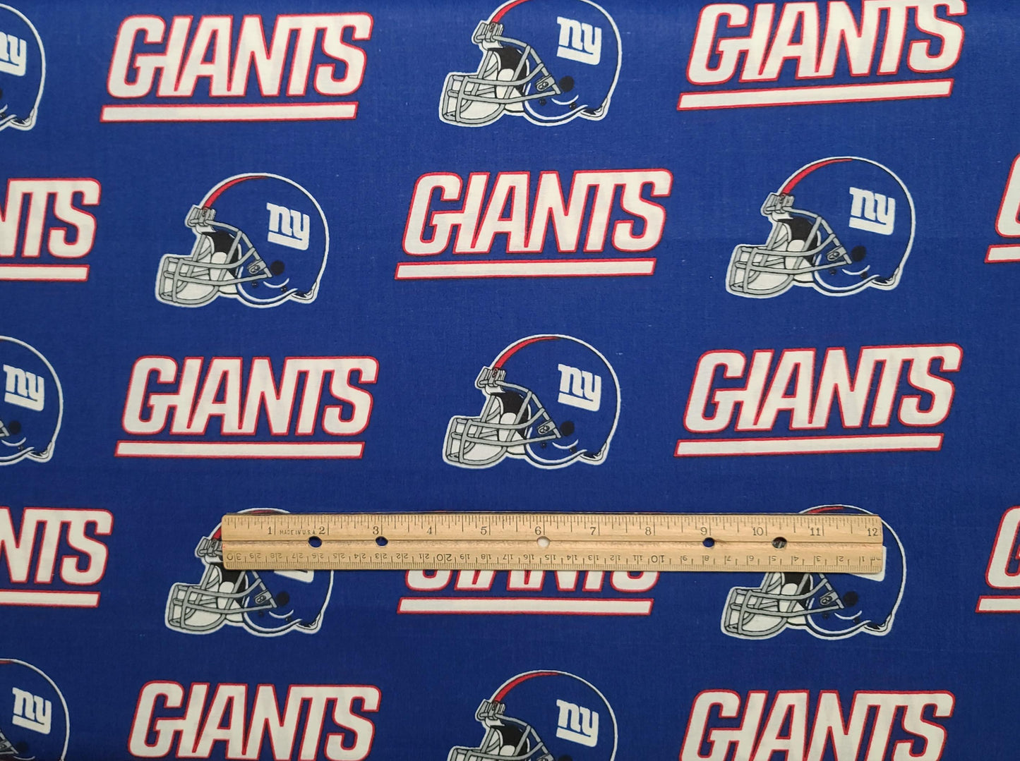 EOB - NFL#6314 Licensed by NFL 2008 - Blue, White, Red New York Giants Script 58" Wide Fabric / Football Helmet Print