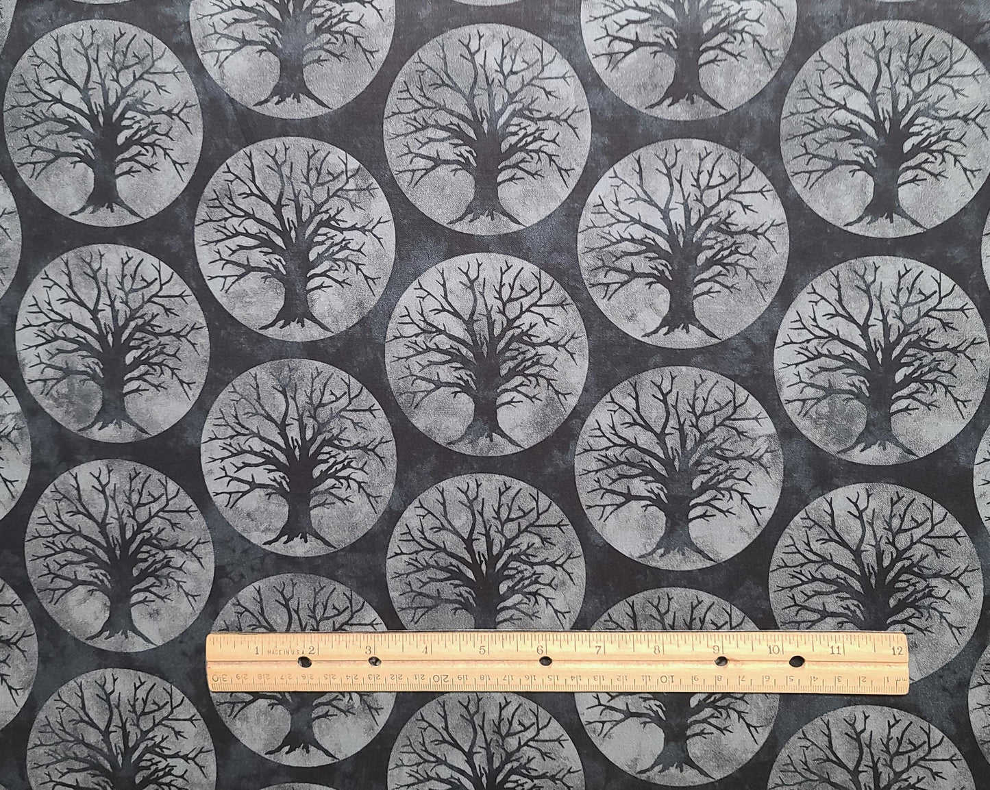 Spooky Hallow by Maywood Studio - Charcoal Tonal Fabric / Full Moon and Tree Silhouette Print