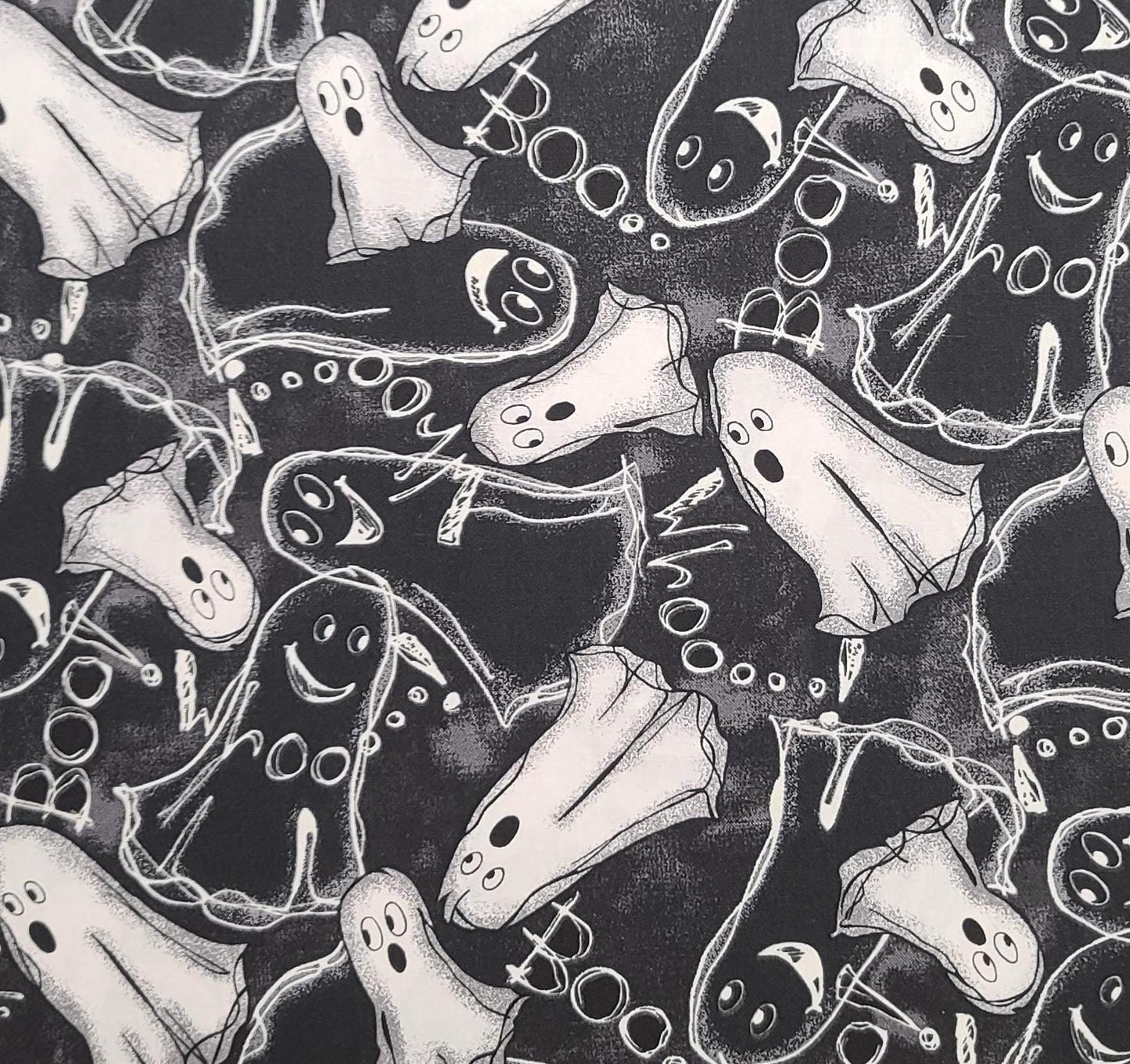 Fabric Traditions 2017 Glow in the Dark - Black and Charcoal Tonal Fabric / White Ghost and Boo Print