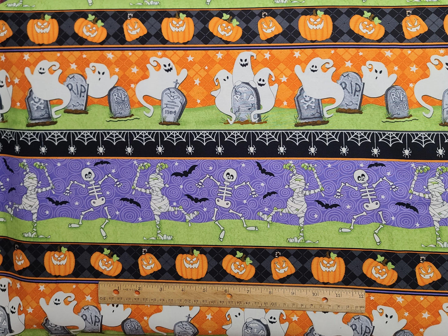 Ghostly 'Glow' Town by Shelly Comiskey for Henry Glass & Co Patt #1680G - Brightly Colored Halloween Border Stripe Print Fabric