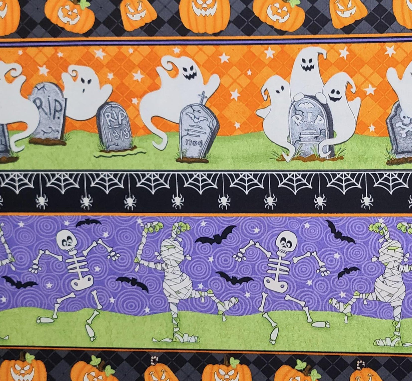 Ghostly 'Glow' Town by Shelly Comiskey for Henry Glass & Co Patt #1680G - Brightly Colored Halloween Border Stripe Print Fabric