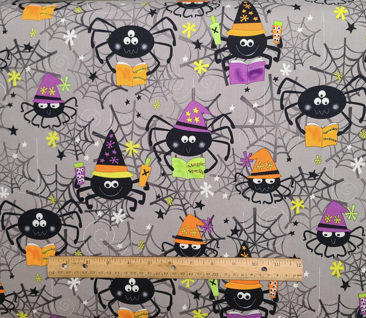 EOB - Spooktacular Greta Lynn for Kanvas Benartex Pattern #SPIDERSPELLS-C6364 - Gray Fabric / Cartoon Spider and Web Print