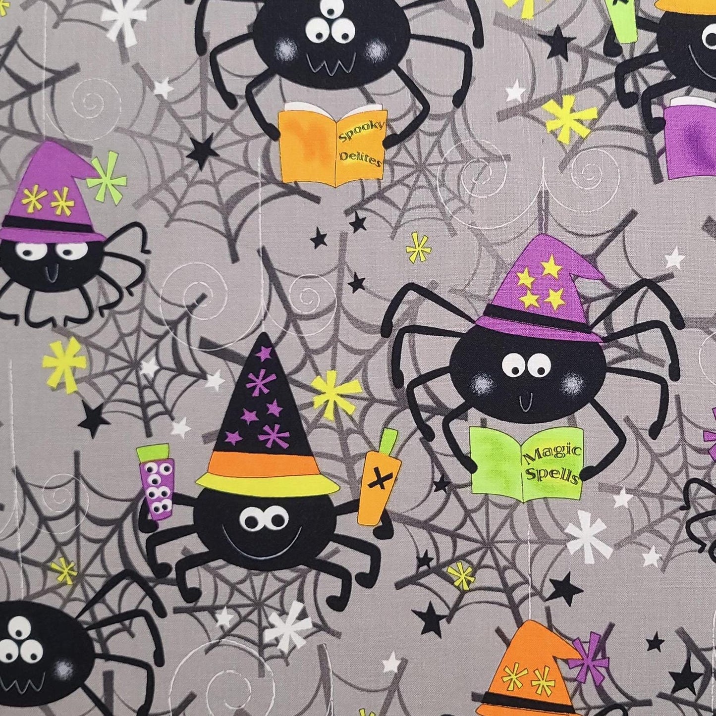 EOB - Spooktacular Greta Lynn for Kanvas Benartex Pattern #SPIDERSPELLS-C6364 - Gray Fabric / Cartoon Spider and Web Print