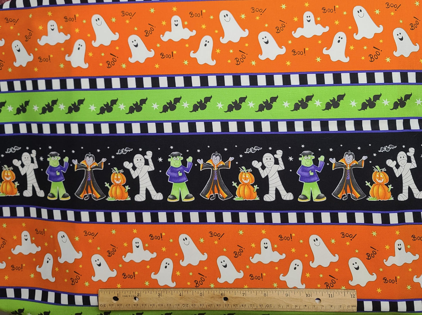 Here We Glow Delphine Cubitt for Henry Glass & Co Inc Pattern #9543G - Halloween Border Stripe Fabric / Cartoon Mummy, Vampire, Bats, Ghosts