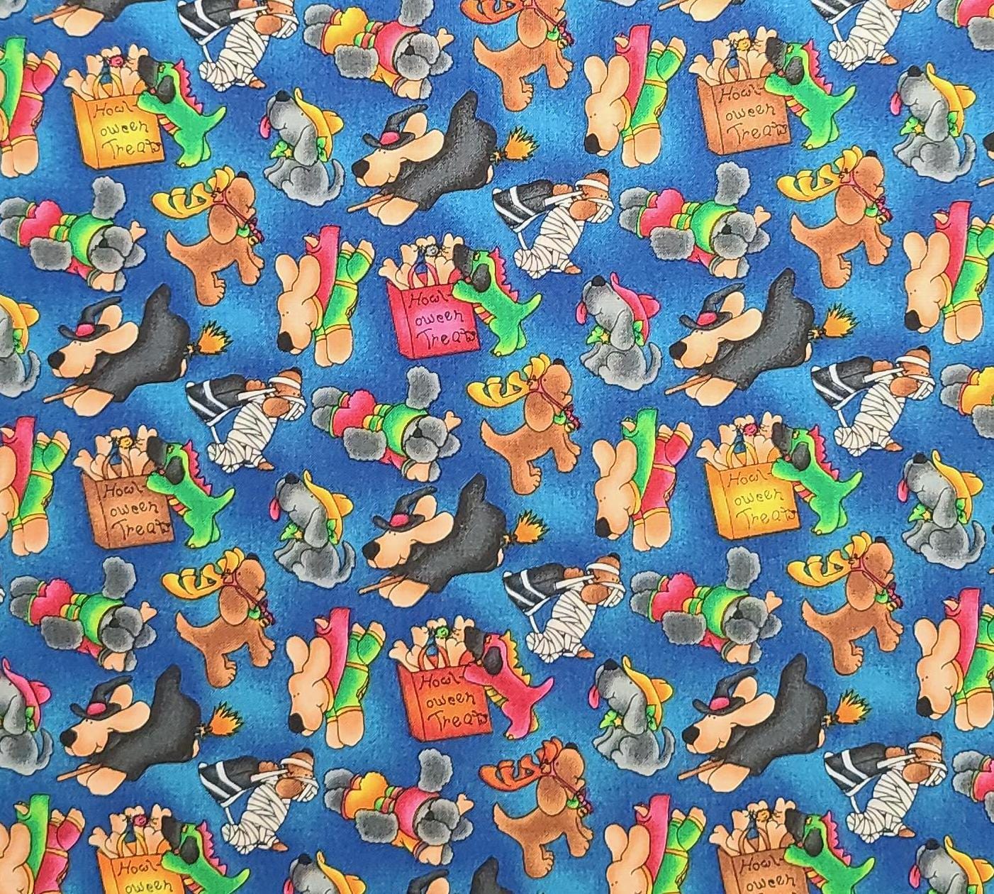 Howl-oween Grandma's Attic SSI - Blue Tonal Fabric / Cartoon Dogs in Halloween Costumes