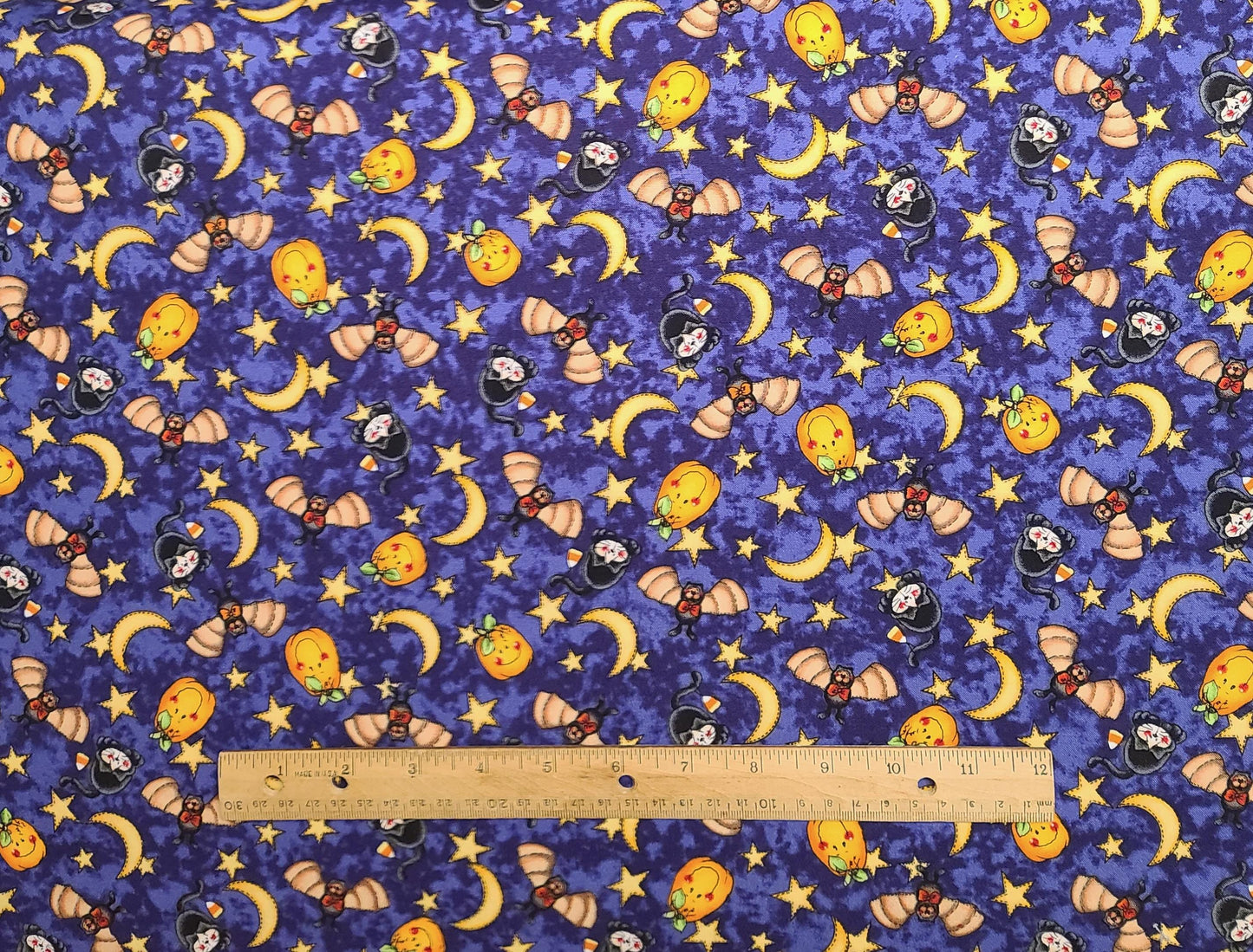 Rose Carlton Timeless Treasures - Purple Tonal Fabric / Cartoon Pumpkin, Bats, Black Cats, Star and Moon Halloween Print