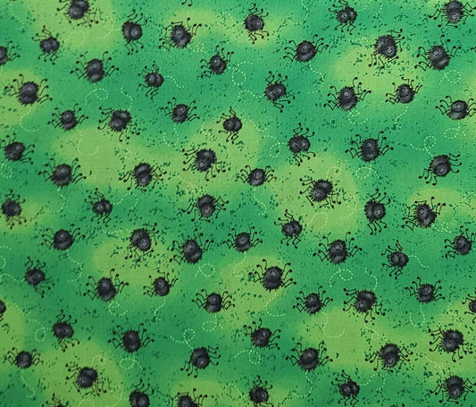 Howl-oween Grandma's Attic SSI - Bright Green Tonal Fabric / Charcoal Cartoon Spider Print