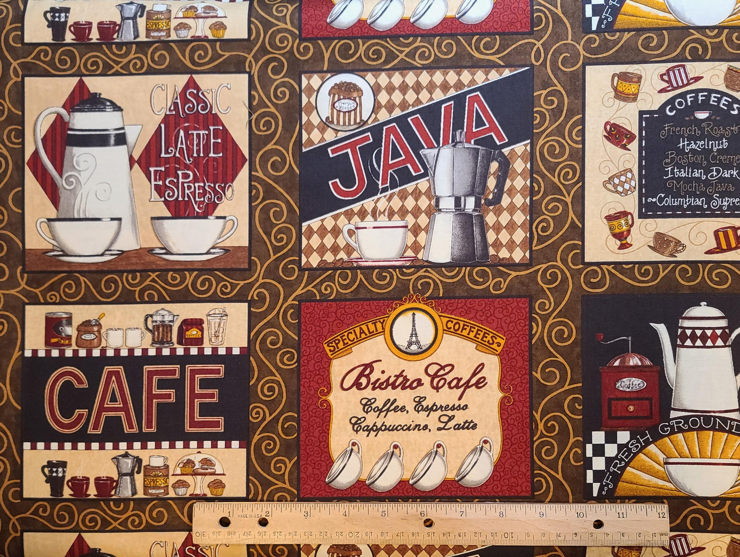 Bistro by Deb Strain for Moda Pattern #19240 - Brown Tonal Fabric / Gold Scroll / Red, Black, Cream, White Coffee Blocks