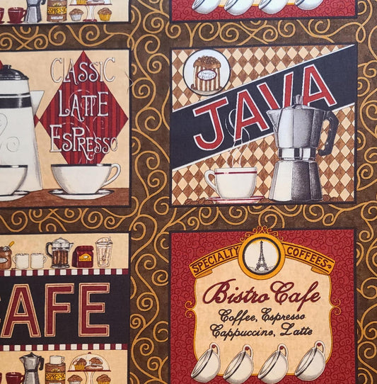 Bistro by Deb Strain for Moda Pattern #19240 - Brown Tonal Fabric / Gold Scroll / Red, Black, Cream, White Coffee Blocks