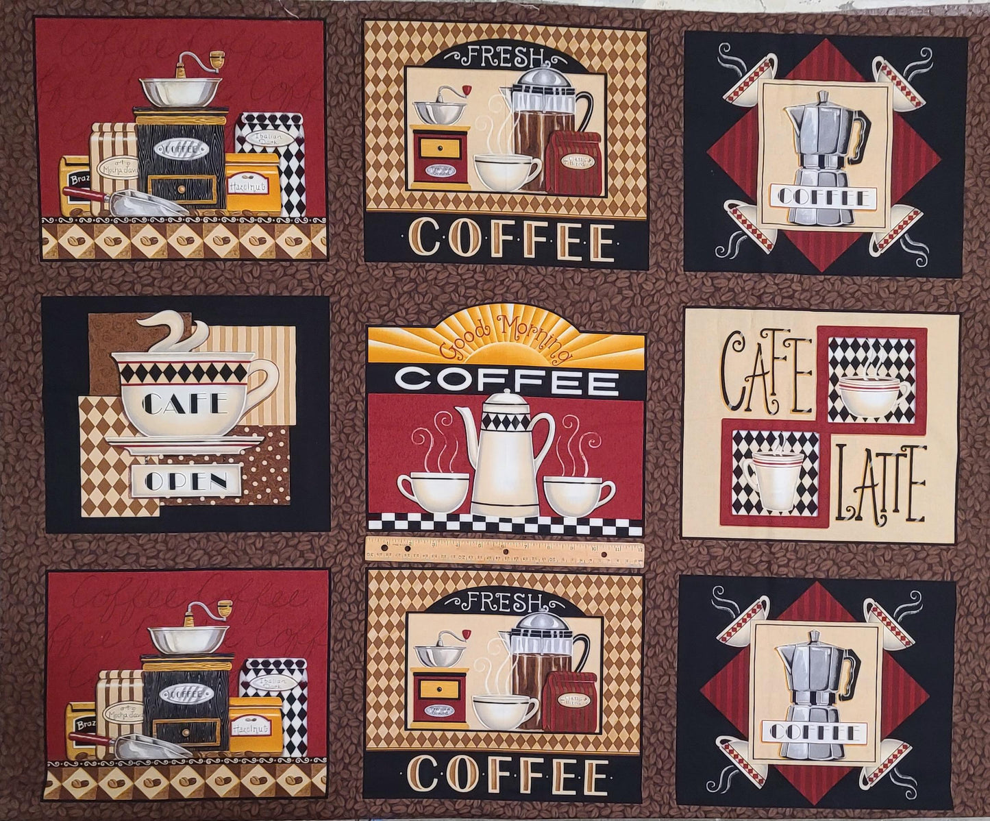 Lotta Latte! By Deb Strain for Moda Pattern #19120 - Dark Brown Coffee Bean Fabric / Red, White, Black Gold - repeat (6 blocks) ~ 23"x45"