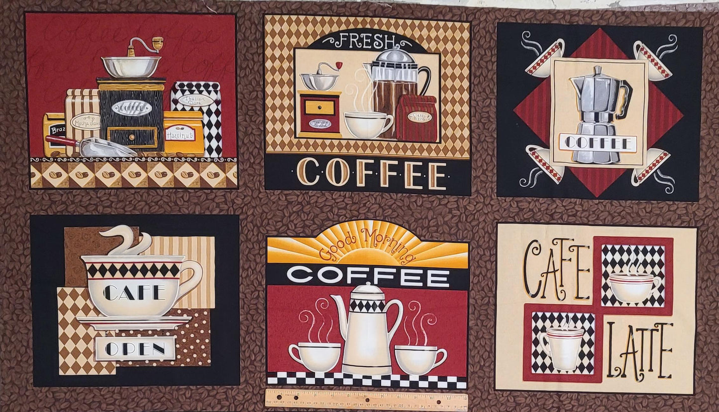 Lotta Latte! By Deb Strain for Moda Pattern #19120 - Dark Brown Coffee Bean Fabric / Red, White, Black Gold - repeat (6 blocks) ~ 23"x45"