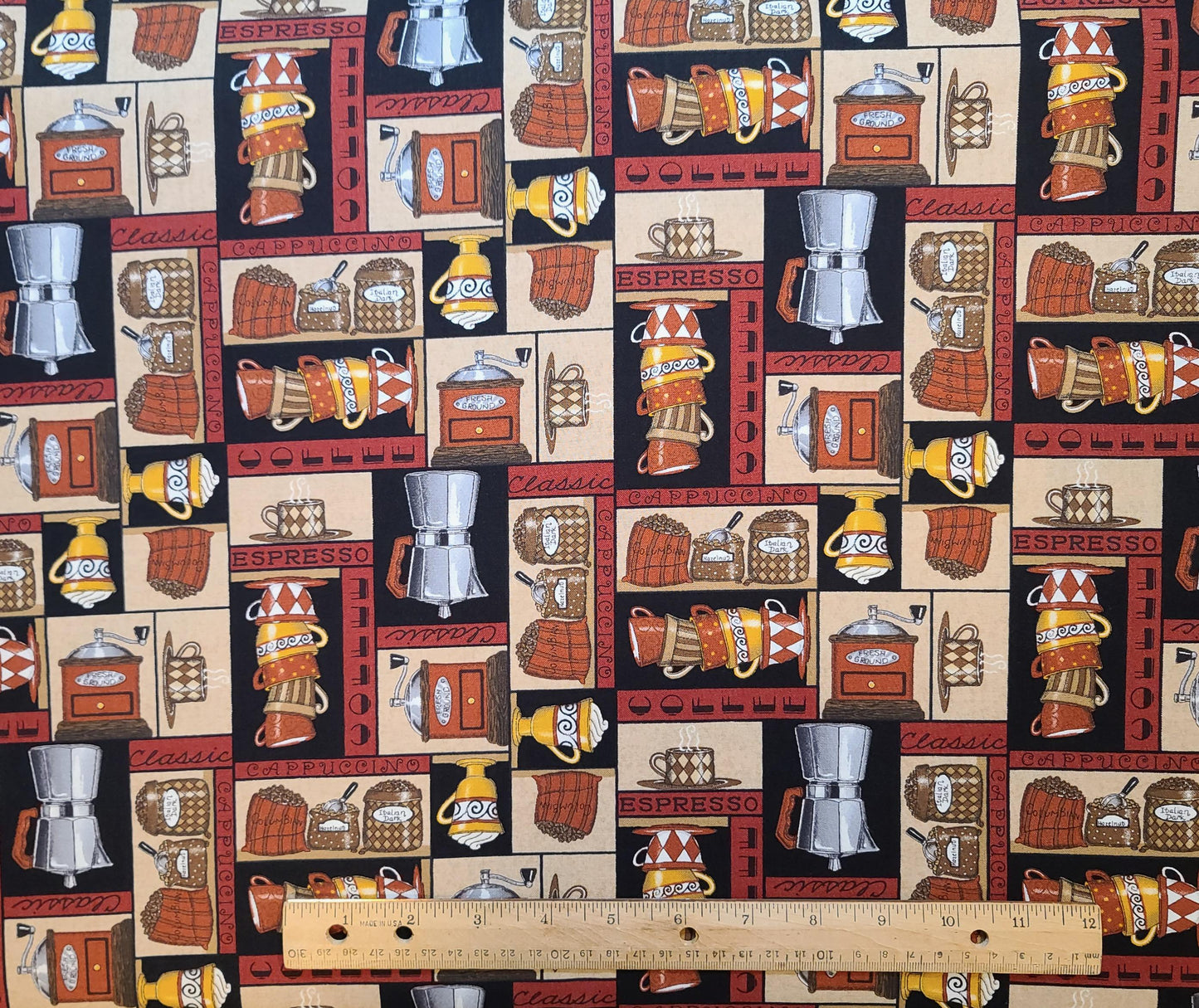 Lotta Latte! By Deb Strain for Moda Pattern #19122 - Brick Red, Black, Tan Small Block Coffee Print Fabric