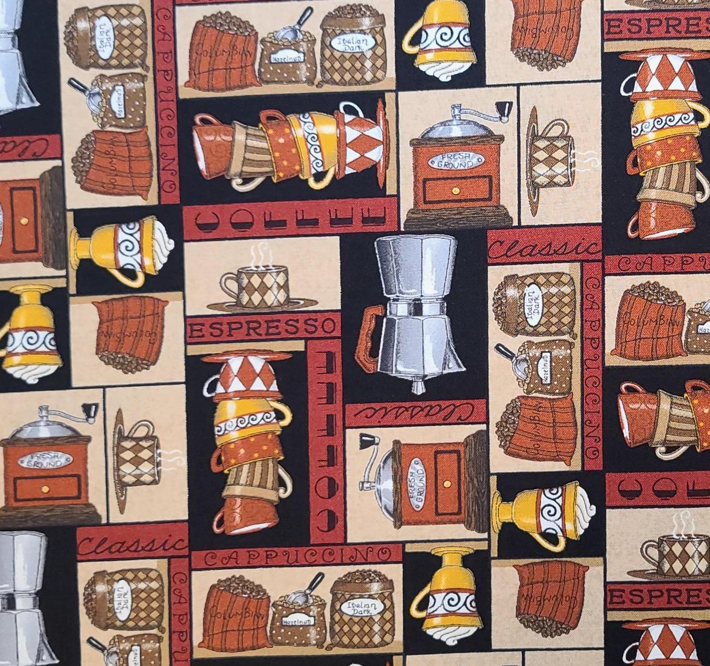 Lotta Latte! By Deb Strain for Moda Pattern #19122 - Brick Red, Black, Tan Small Block Coffee Print Fabric