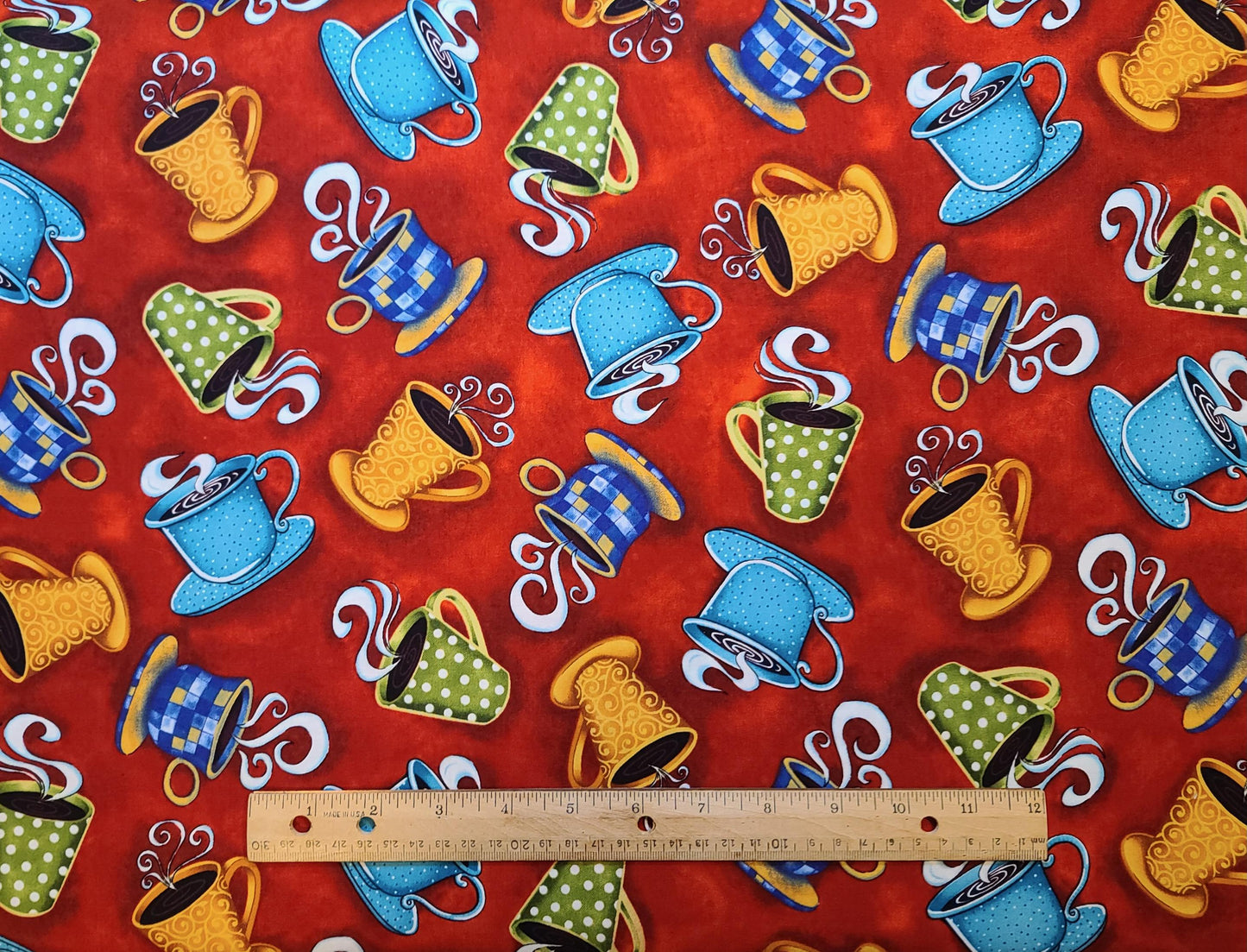 Charlie Zabarte for Robert Kaufman Chef's Choice D#6450 - Red Tonal Fabric / Tossed Coffee Cup Print / Bright Blue, Blue, Gold, Green