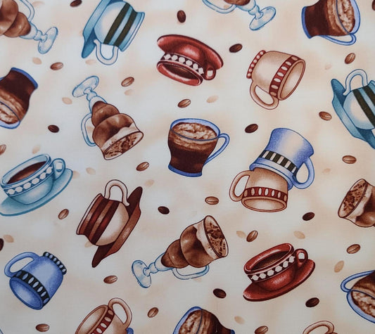 Timeless Treasures Fabrics Inc Patt #COFFEE-C9971 - Cream Tonal Fabric / Tossed Coffee Cups and Coffee Beans