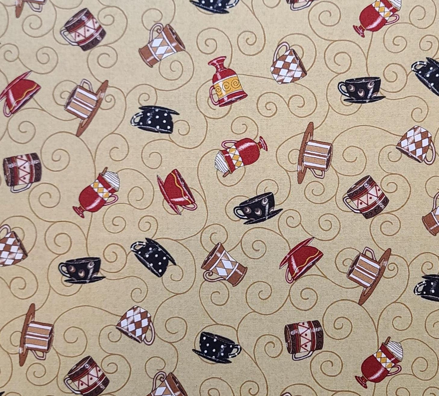 Lotta Latte! By Deb Strain for Moda Pattern #19121 - Golden Tan Fabric / Brown Scroll / Black, Red, White, Brown Tossed Coffee Cup Print