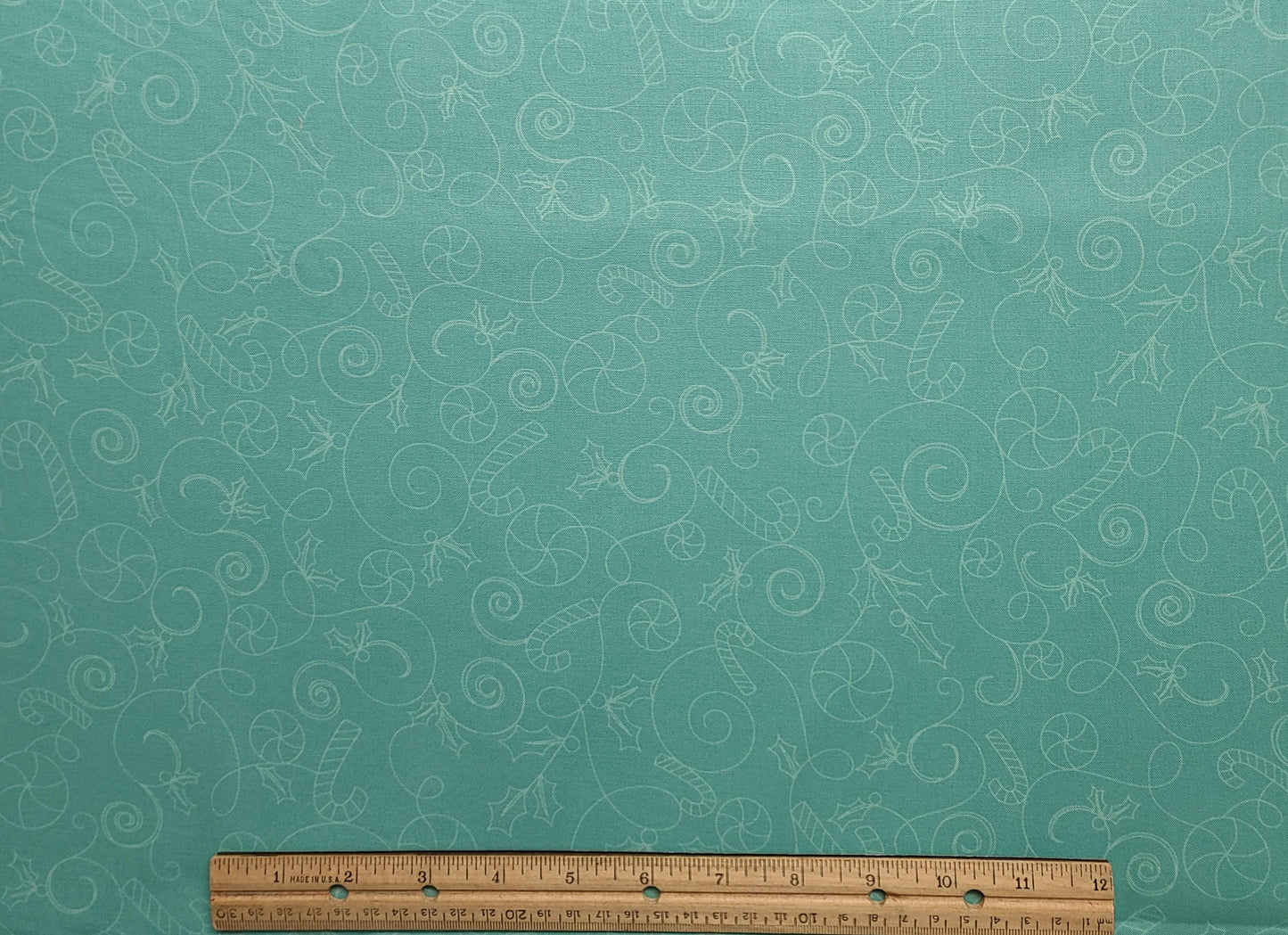 Cup of Cheer by Kimberbell for Maywood Studio Candy Scroll-Aqua - Aqua Fabric / Tonal Scroll, Candy Cane, Holly Print