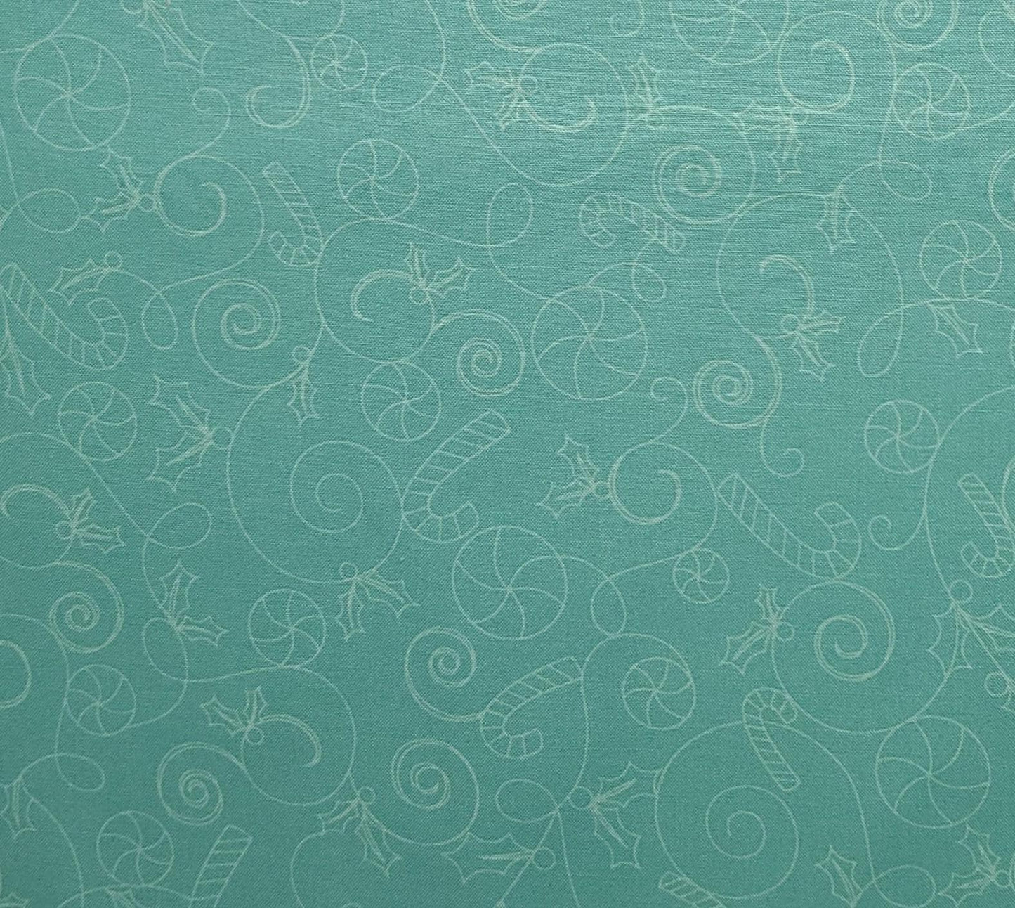 Cup of Cheer by Kimberbell for Maywood Studio Candy Scroll-Aqua - Aqua Fabric / Tonal Scroll, Candy Cane, Holly Print