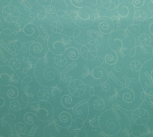 Cup of Cheer by Kimberbell for Maywood Studio Candy Scroll-Aqua - Aqua Fabric / Tonal Scroll, Candy Cane, Holly Print