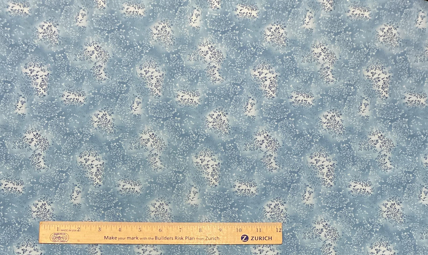 Pale Blue and Medium Blue Tonal Fabric / White and Dark Blue Leaf Print - Selvage to Selvage Print - 14" x 56"