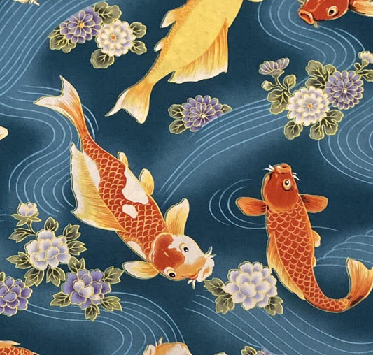 Dark Teal Fabric / Burnt Orange, Gold, Gray, Black Coi Fish Print / Purple Tonal Flowers / Green Tonal Leaves / Light Blue "Waves"