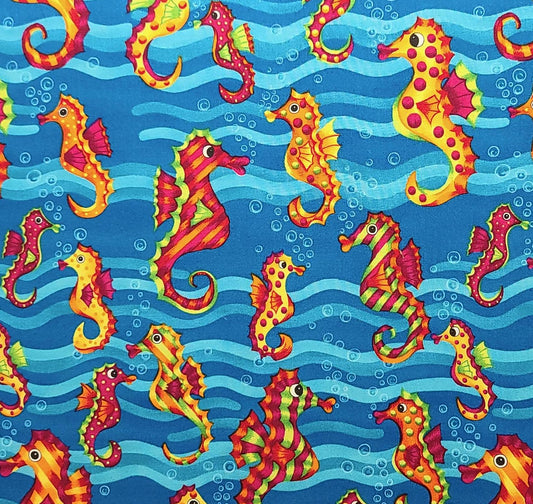 Fishy Folky Fun Factory for Moda - Bright Blue Horizontal (Selvage to Selvage) Wave Print / Brightly Colored Seahorses