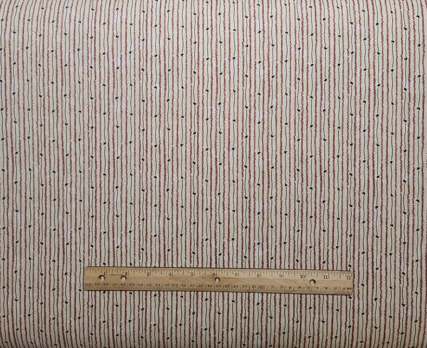 Glory Be! By Sandi Gervais for Moda - Tan Fabric / Red, Dark Blue, Star Vertical Stripe (Parallel to Selvage) Fabric