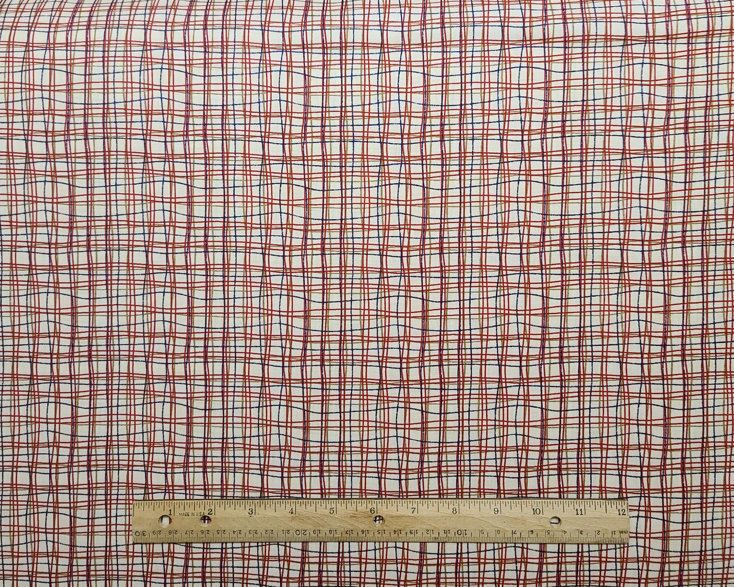 Cream Fabric / Red, Gold, Navy Wavy Plaid Print