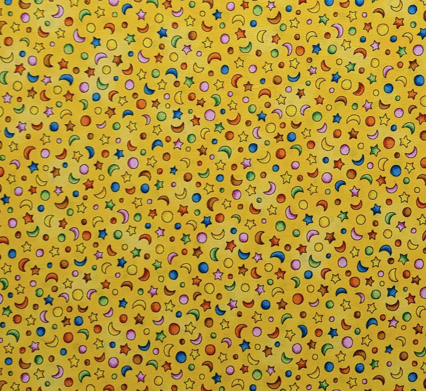 Playroom RJR Fabrics - Bright Yellow Fabric / Bright Pastel Stars, Moons, Sun Print