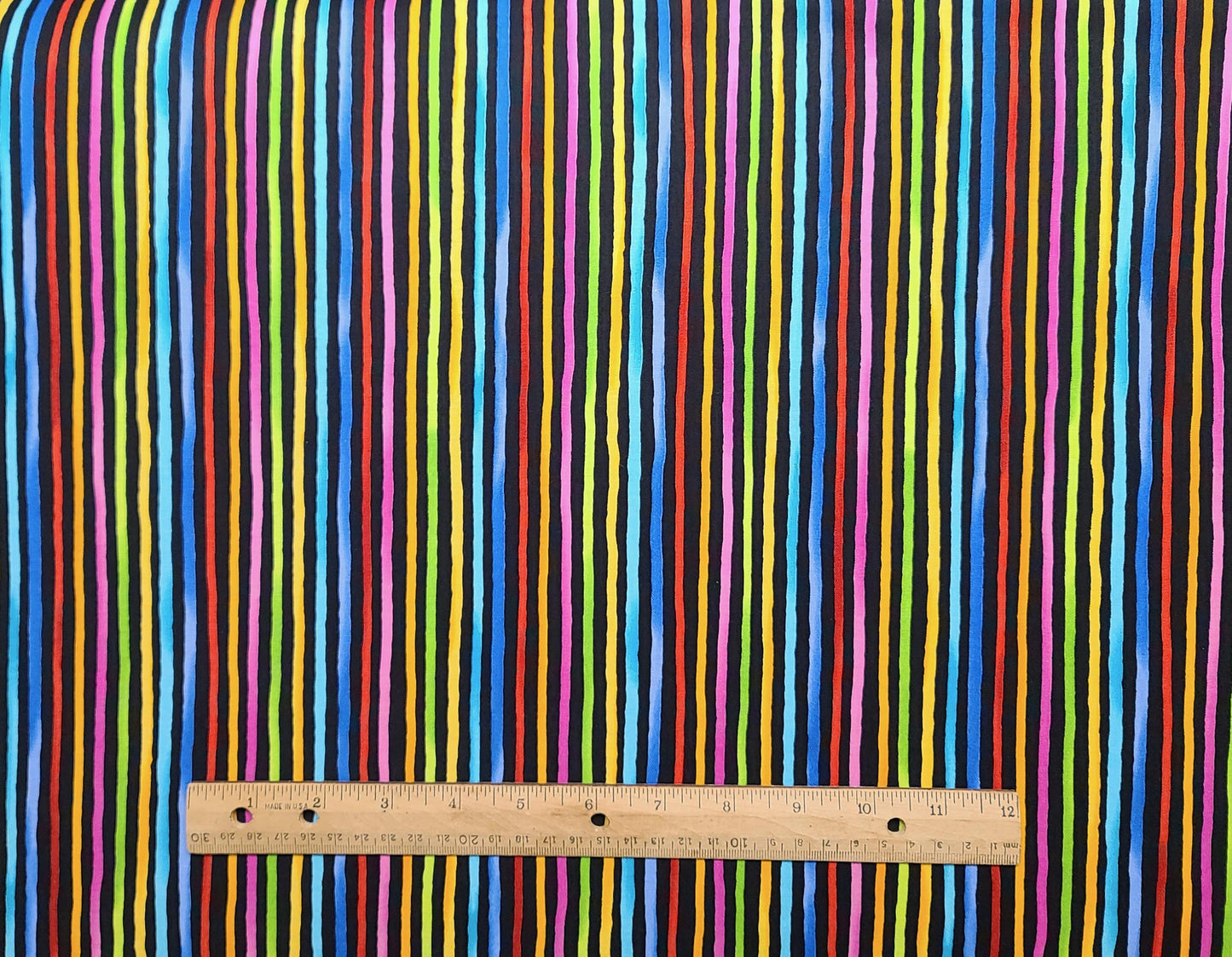 Cool Stripe Loralie Harris for Loralie Designs - Vertical Stripe (Parallel to Selvage) Fabric - Black, Bright Pastel Blue, Yellow, Red, Pink