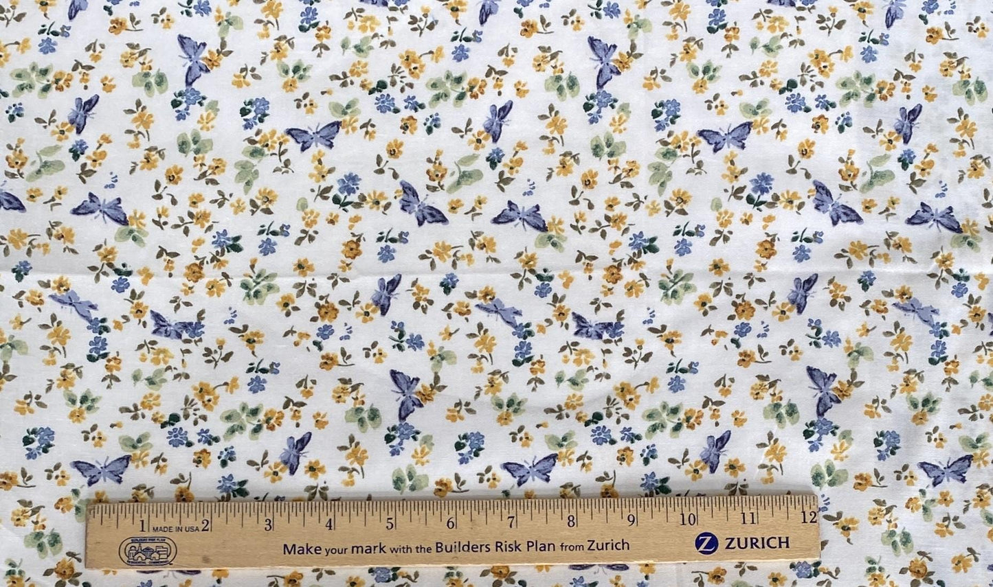 EOB - Vintage Soft White Fabric / Blue Tonal Butterflies / Gold Flowers / Multi-Green Leaves - Selvage to Selvage Print