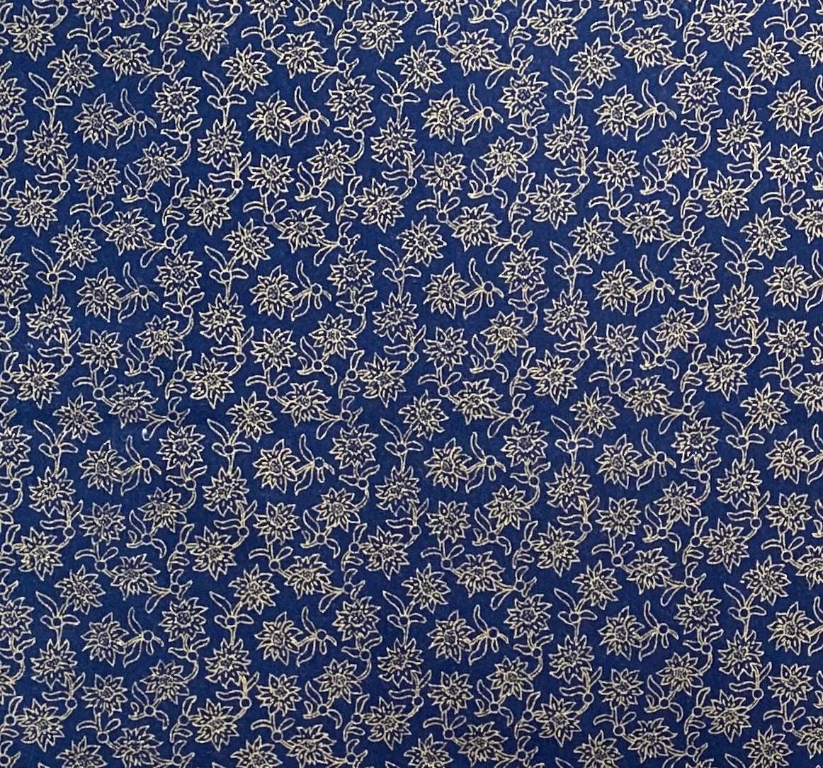 Navy Fabric / Gold Metallic Flower and Leaf Pattern / 32" x 88" (One Selvage)