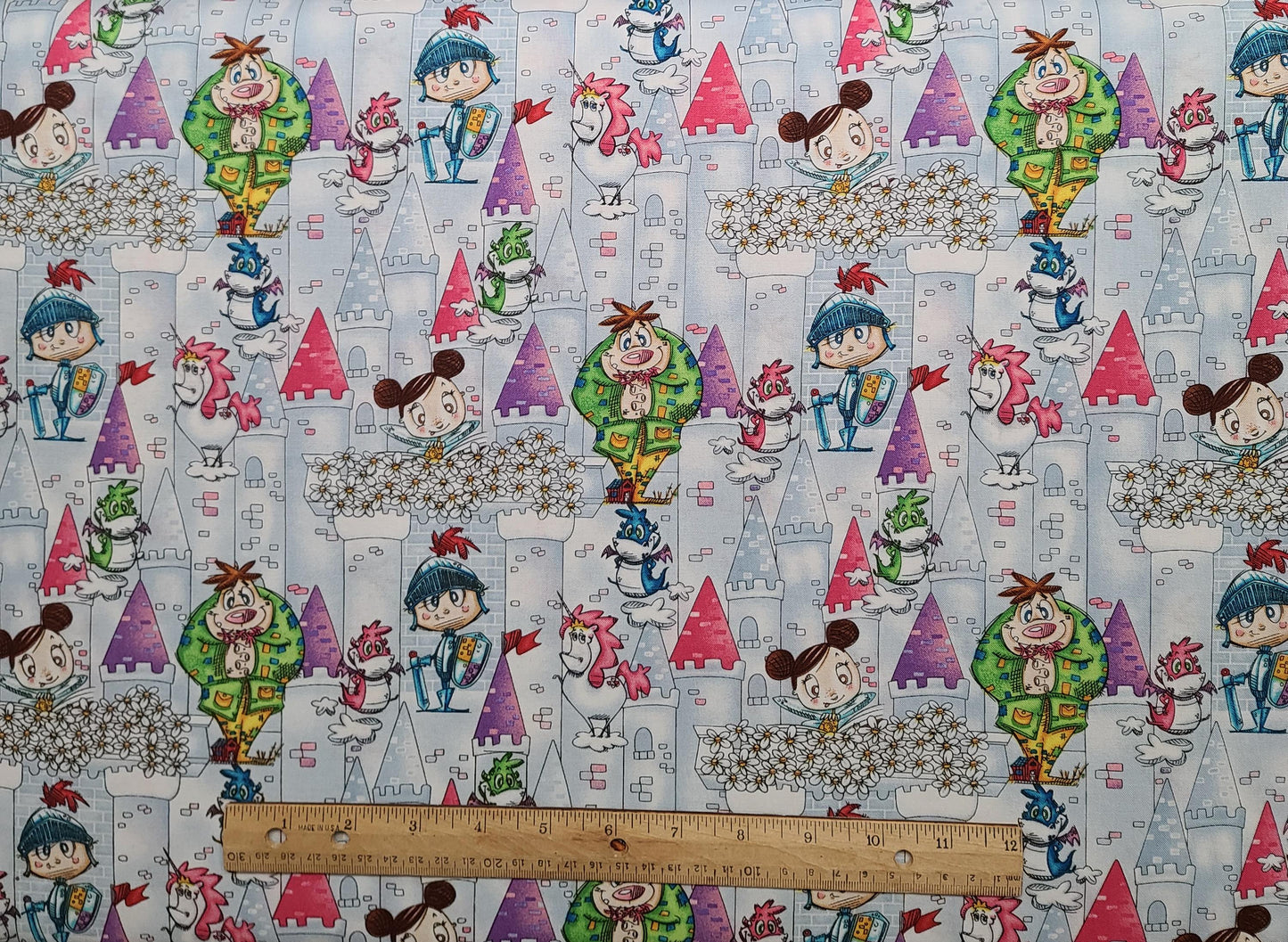 Believe in Magic by Eric Sturtevant for Studio E Fabrics Pattern #5469 - Blue/Gray Fabric / Cartoon-Style Castle / Bright Pastel Print