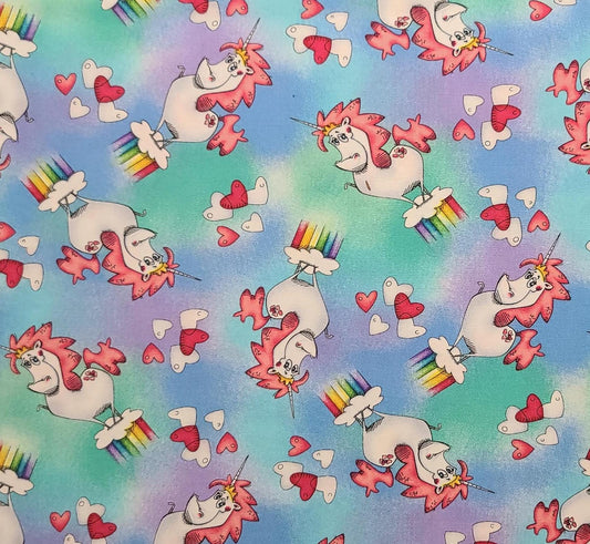 Believe in Magic by Eric Sturtevant for Studio E Fabrics Pattern #5470-Pastel Green, Purple, Blue Tonal Fabric/Tossed Unicorn/Rainbow/Heart