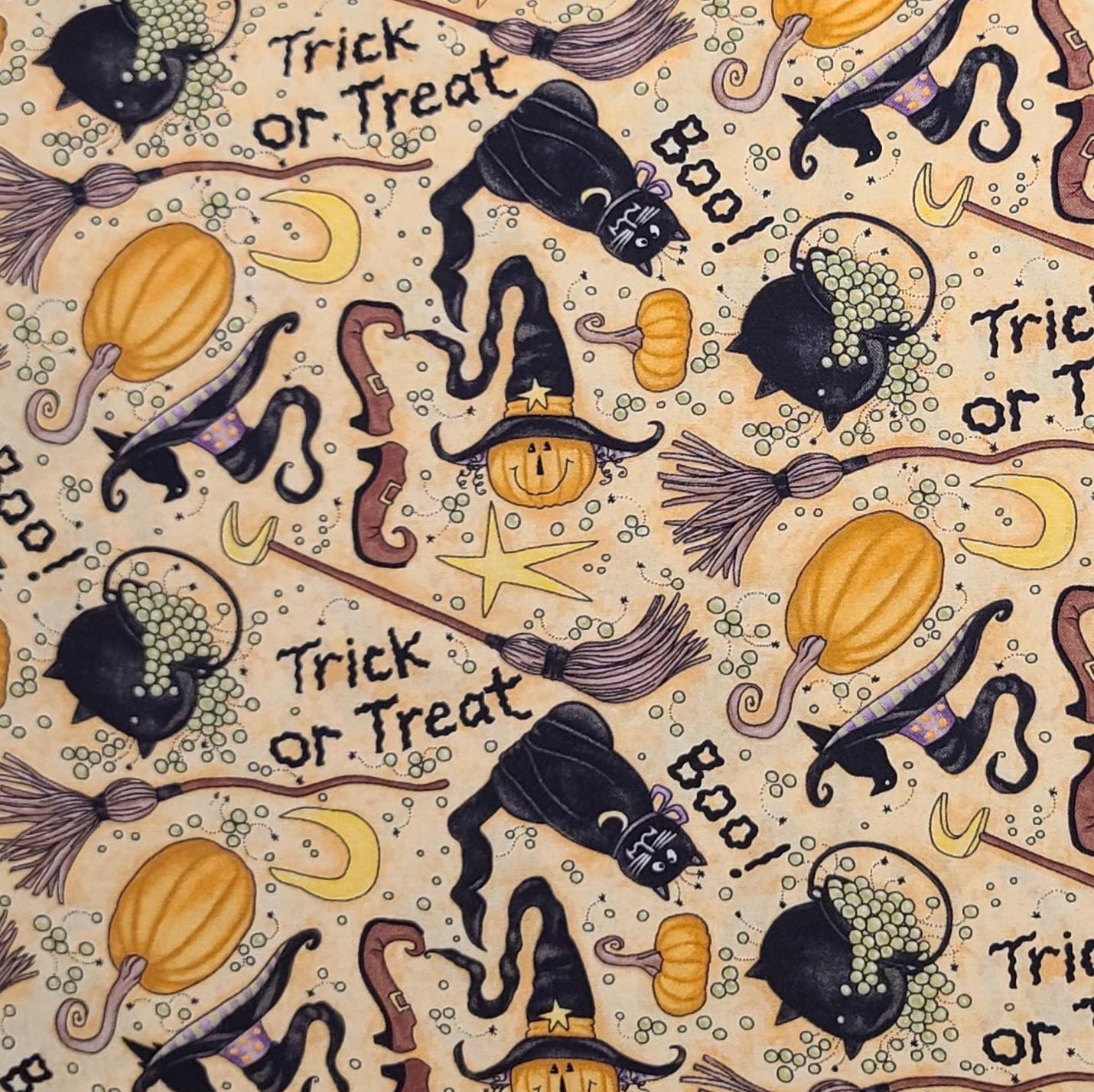 Broom Sweepers by Diane Knot for Clothworks - Cream and Orange Tonal Fabric / Tossed Pumpkin, Witch, Black Cat, Trick or Treat Print