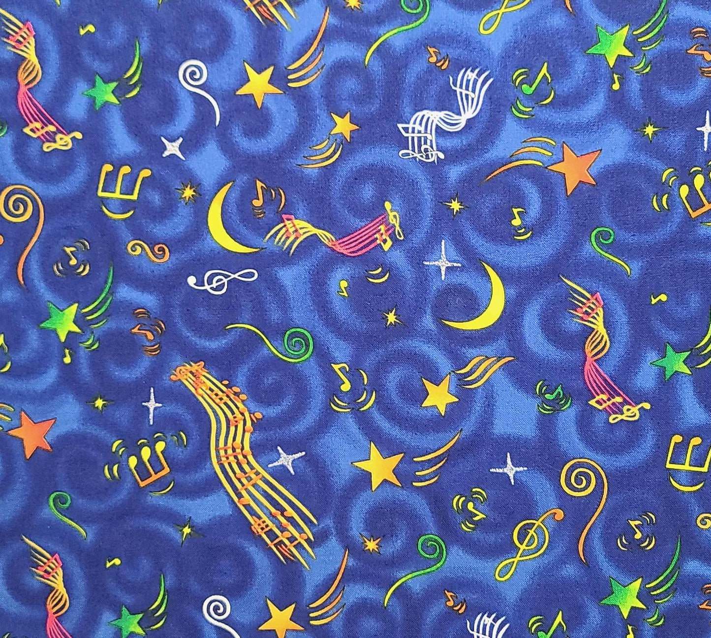 Blue Tonal Fabric / Bright Primary Colored Tossed Musical Note, Sheet Music, Shooting Star Print