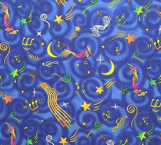 Blue Tonal Fabric / Bright Primary Colored Tossed Musical Note, Sheet Music, Shooting Star Print